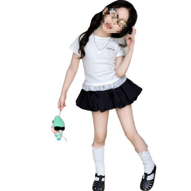 Children's Suit Letter Lace Short-sleeved Bud Skirt Pants Two-piece Children's T-shirt