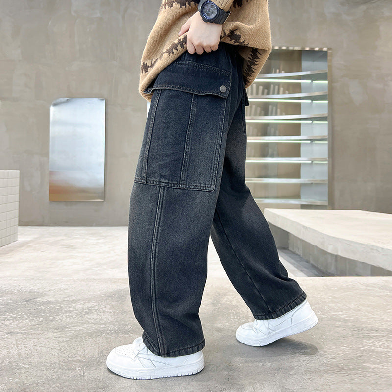 Children's Clothing Straight Jeans Overalls Medium Big Autumn Pu Children's Pants