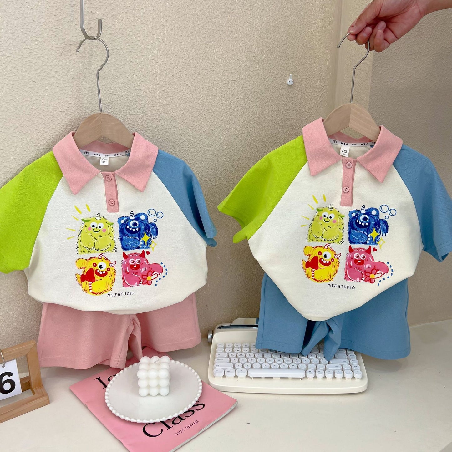Children's Cartoon Color Matching Sleeve Shirt Short Shorts Children's Suit