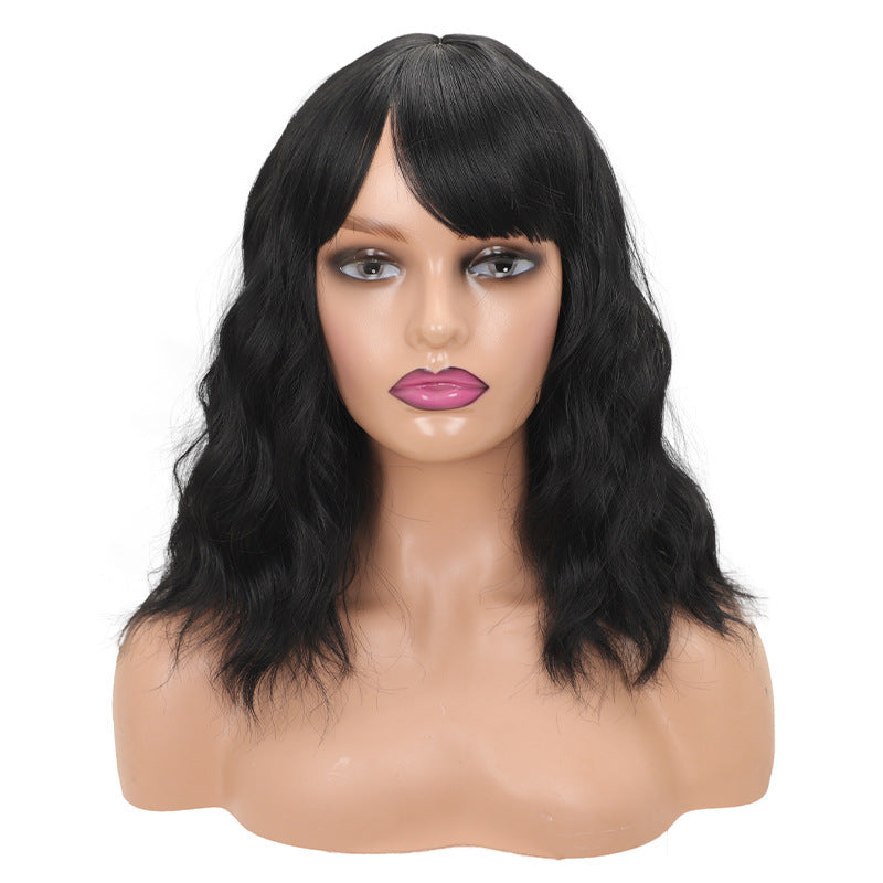 Women's Wine Red Water Ripple Medium Thin Wig Short Curly Hair
