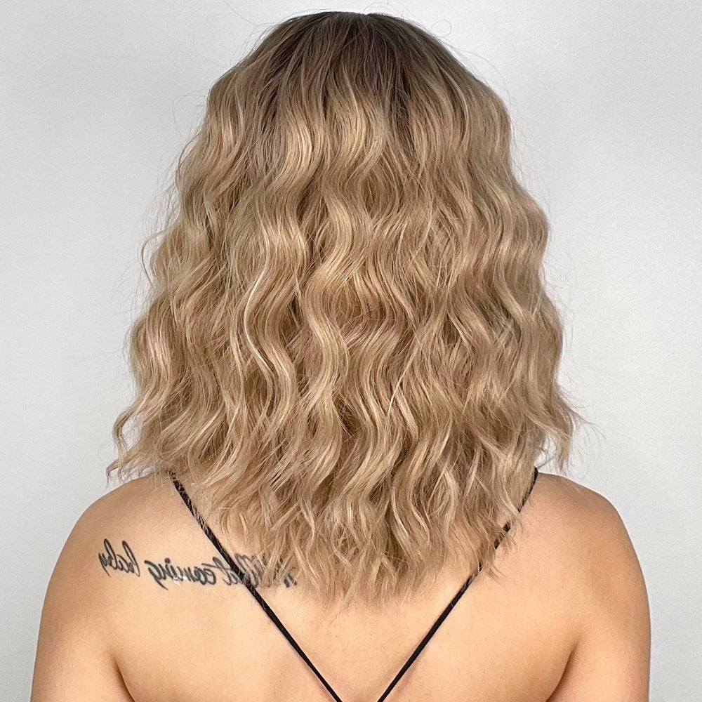 Water Ripple Black Gradient Golden Full Top Chemical Fiber Wig Short Curly Hair