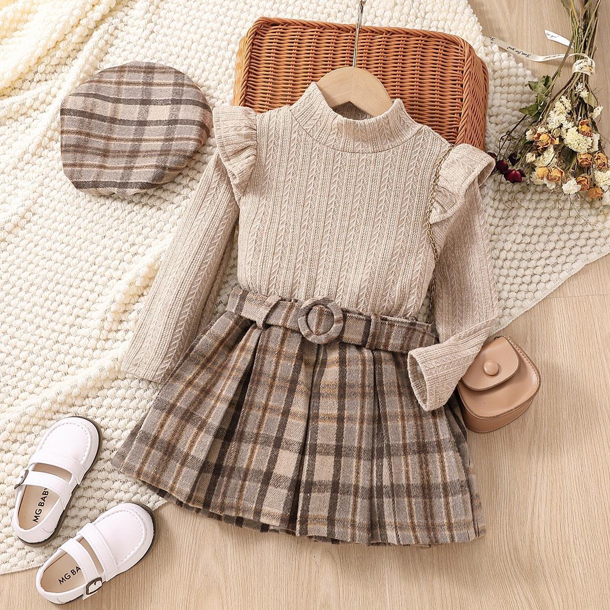Children's Clothing Long-sleeved Lace Collar Plaid Pleated Children's Suit