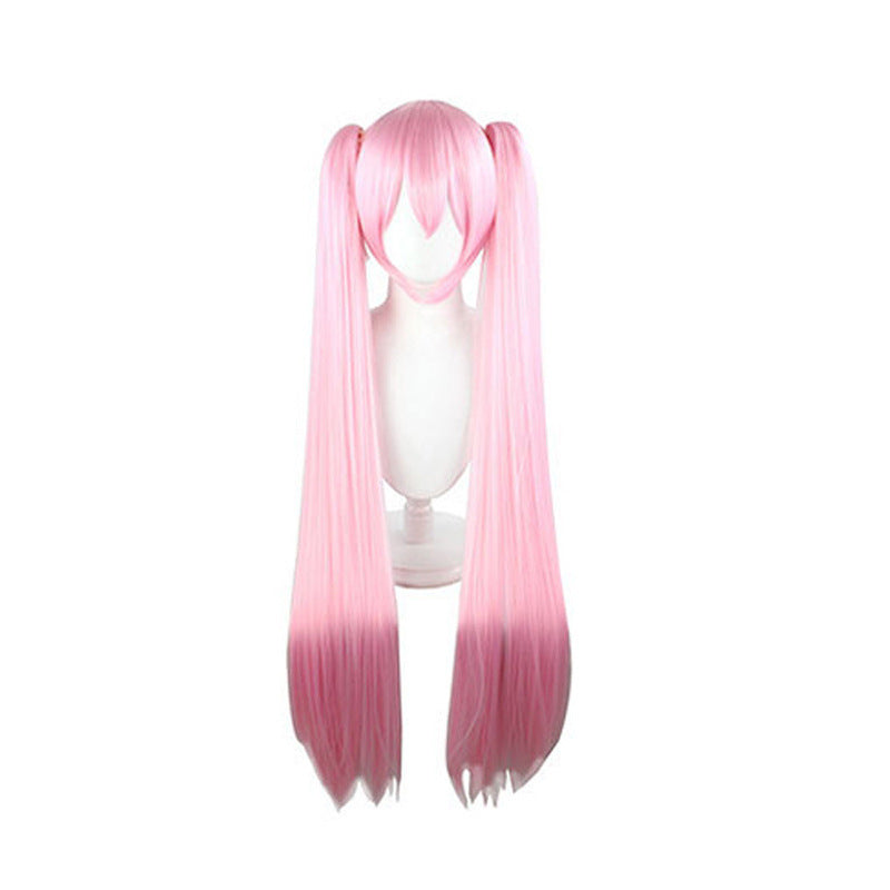 Long Hair Anime Blue Fiber Pairs Ponytail Pink Straight Cos Wig
