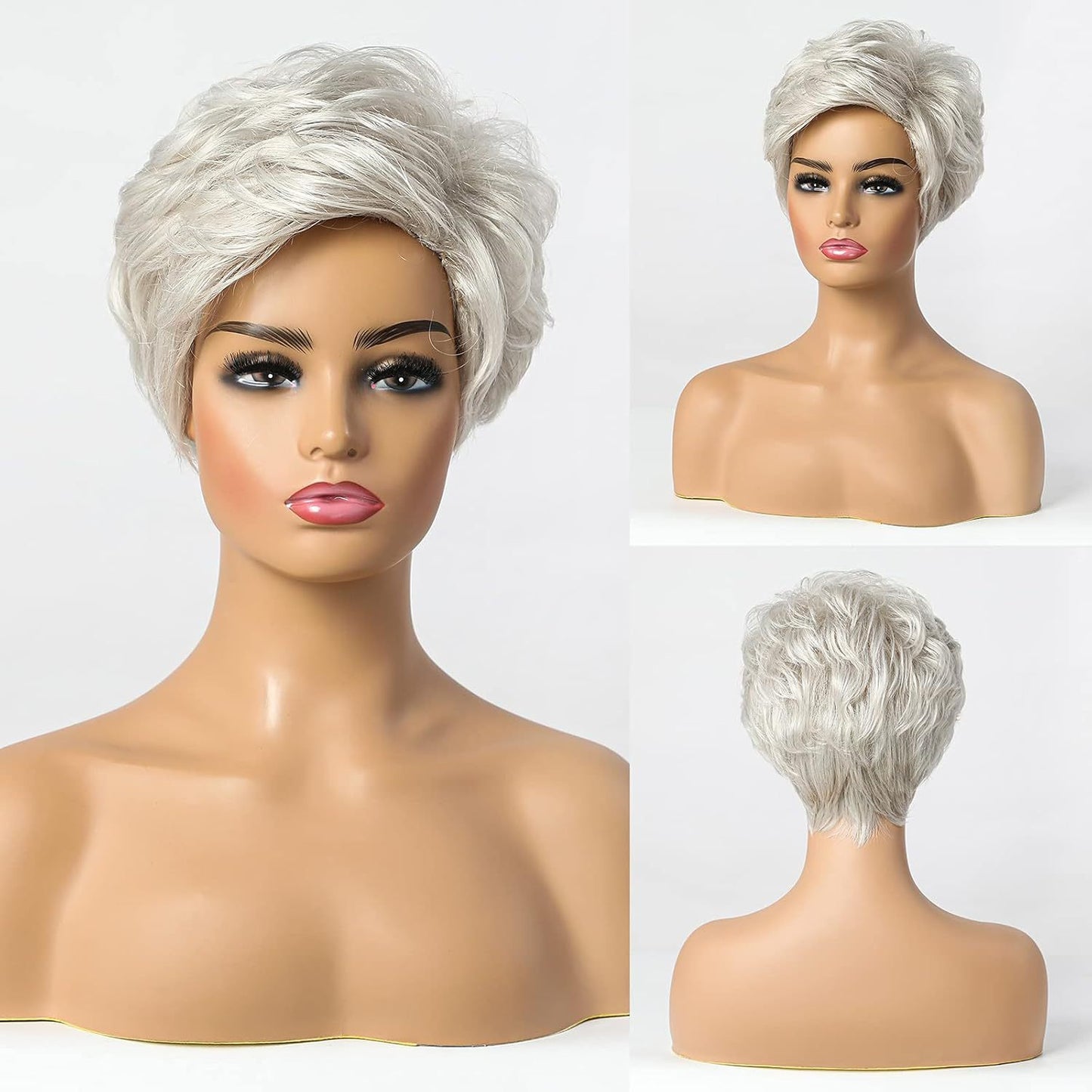 Women's Natural Layered Elf Gray White Partial Fashion Head Wig Short Straight Hair