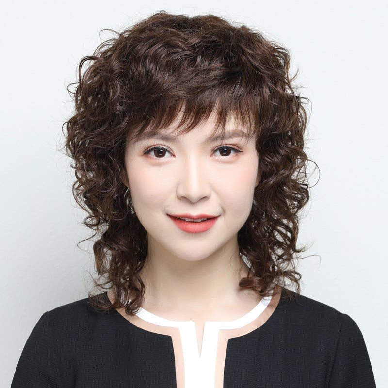 Human Curly Mother Medium Long Female Real Hair Wig