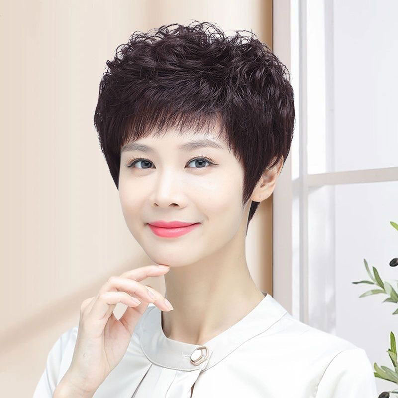 Durable Female Covering Gray Mother Human Wig Short Curly Hair