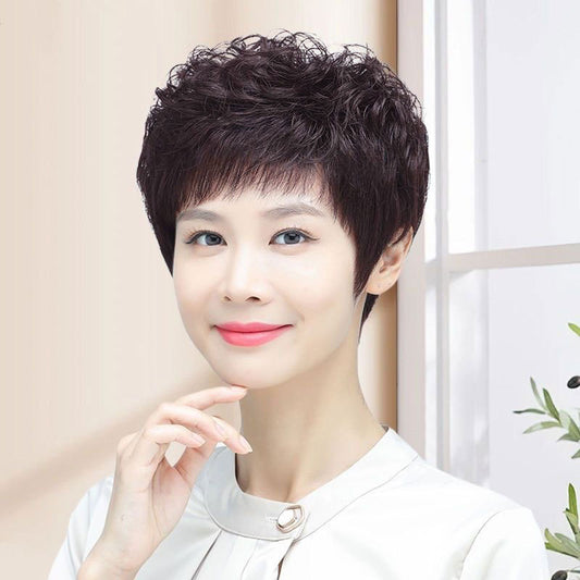 Durable Female Covering Gray Mother Human Wig Short Curly Hair