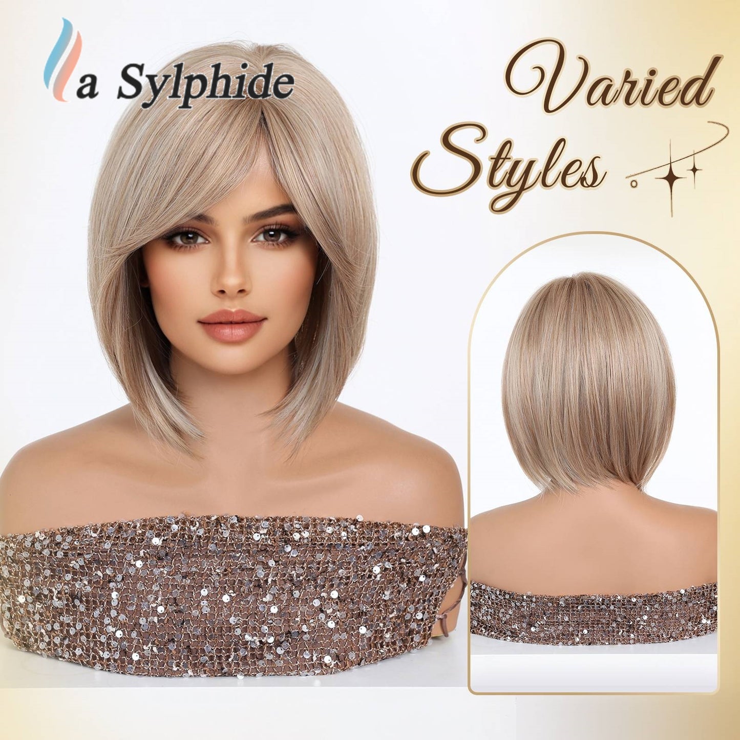 Dyed Brown Collarbone Straight Partial Bangs Breathable Rose Mesh Head Wig Short Curly Hair