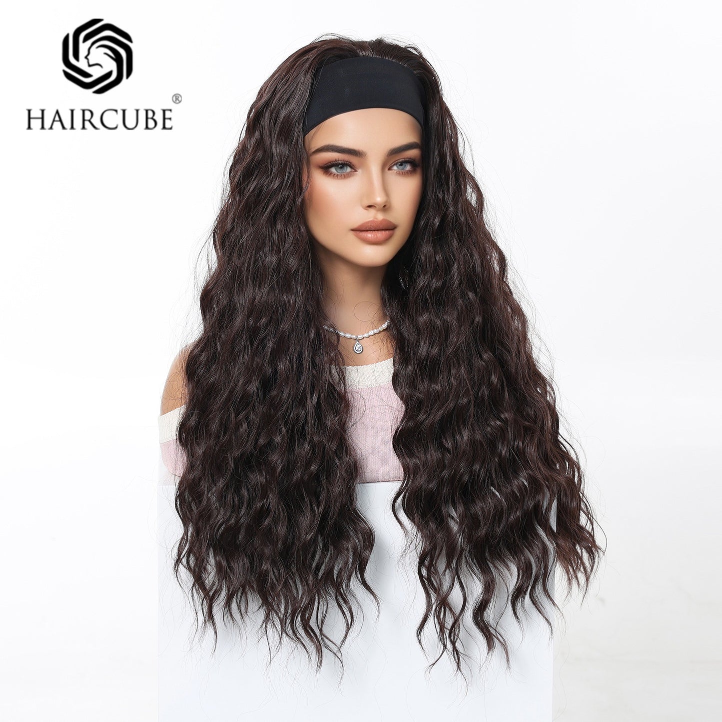Women's Band Head Cover Small Curly Dark Brown Asian Wig Long Curls