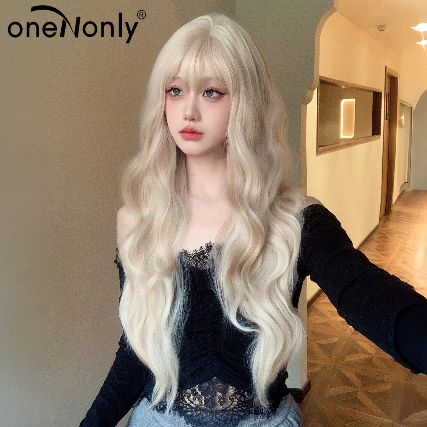 Women's Korean Curly Hair Bangs Big Wave Simulation Natural White Wig Long Curls