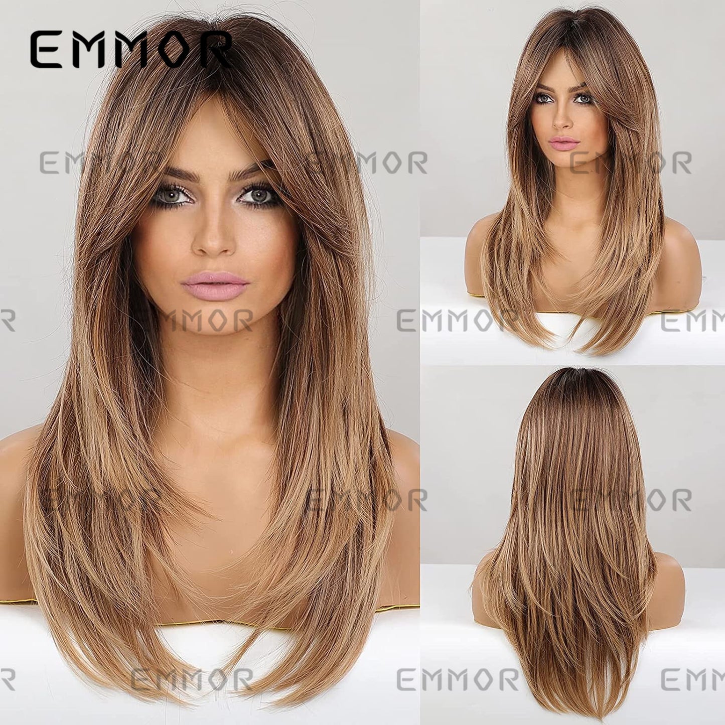 Women's Gradient Golden Bangs Hair Tail Micro Volume Fiber Wig Long Curls