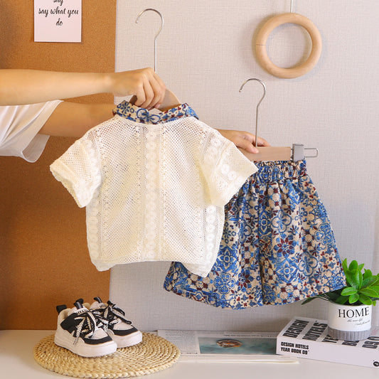 Children's Korean Style Boy Clothes Casual Hollow Short Sleeve Children's Suit