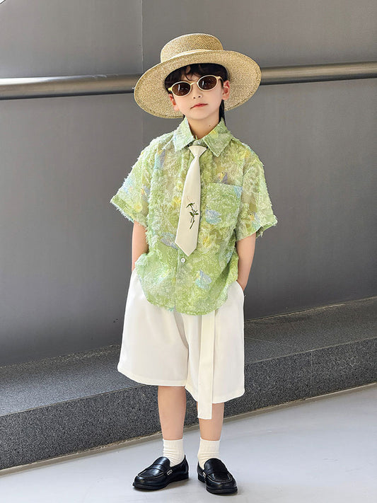 Summer Korean Style Trendy Casual Printed Suspender Shorts Children's Shirt