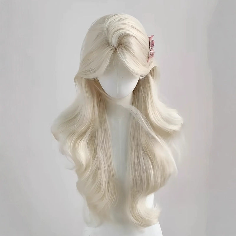 White Gold Color Female Big Wave Curly Hair Bangs Universal Wig Long Curls
