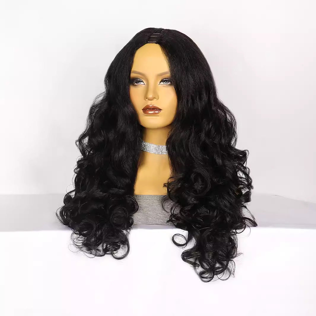Women's Chemical Fiber Half Headgear Black Fluffy Wig Long Curls