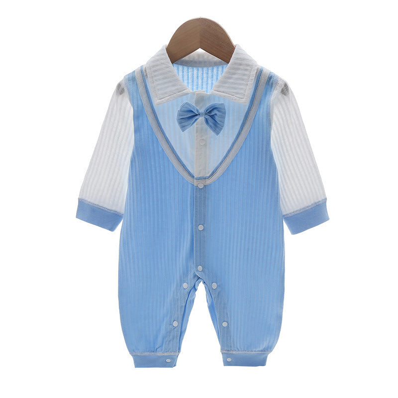 Blue Cotton Born Bow Snap Button Romper Jumpsuit, Climbing Suit