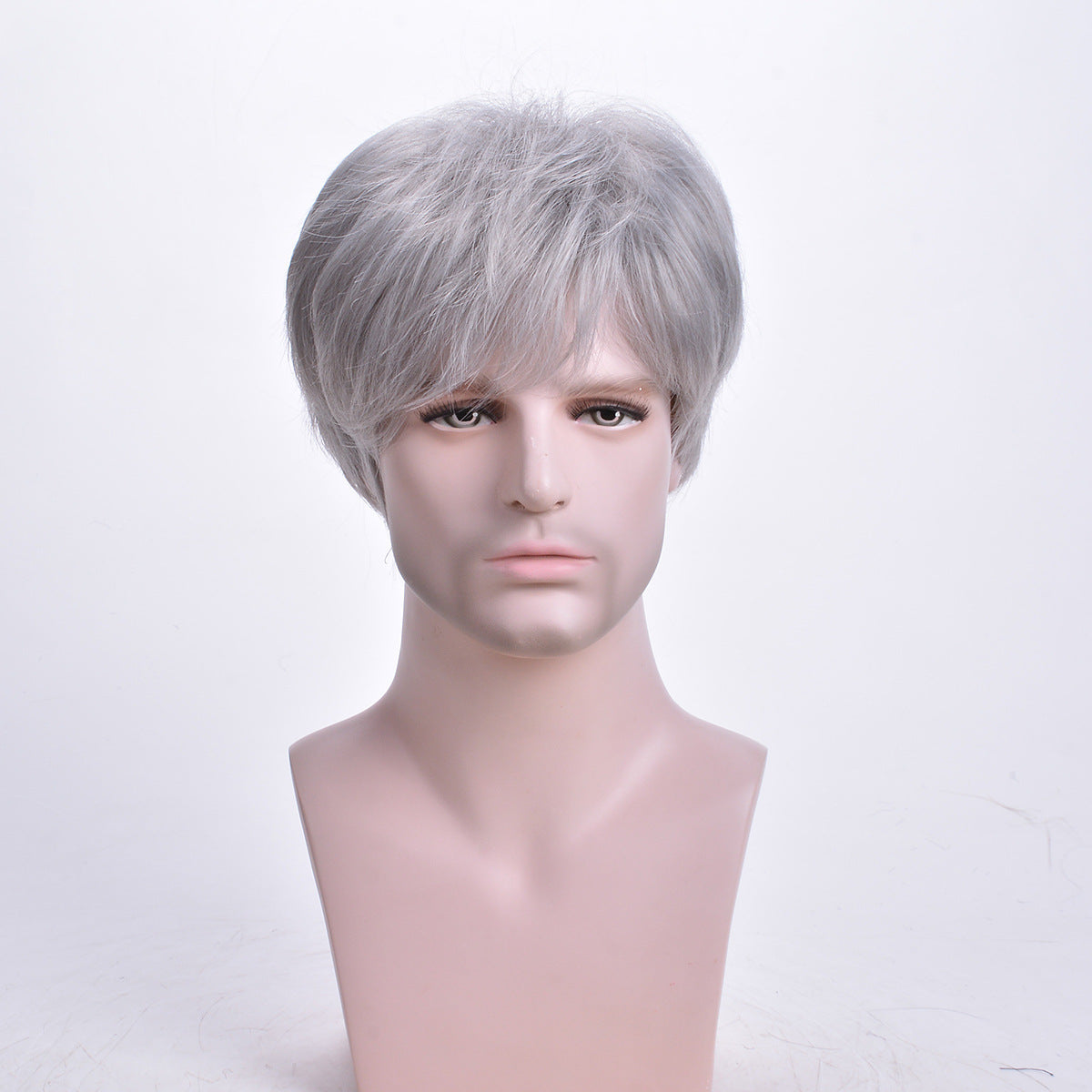 Men's Gray White Short Curly Head Cover Men's Wig