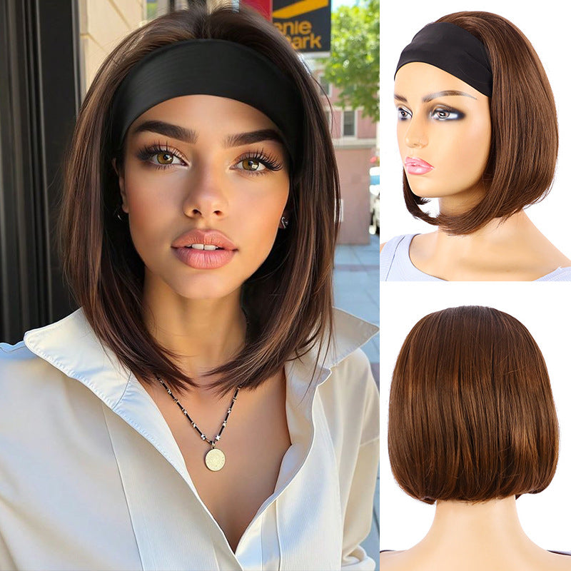 Women's Brown Black Band Head Cover Inner Wig Short Straight Hair