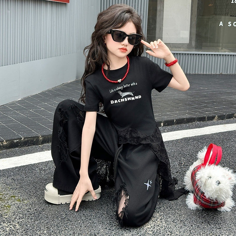 Jazz Dance Costume Summer Middle Big Lace Strap T-shirt Children's Suit