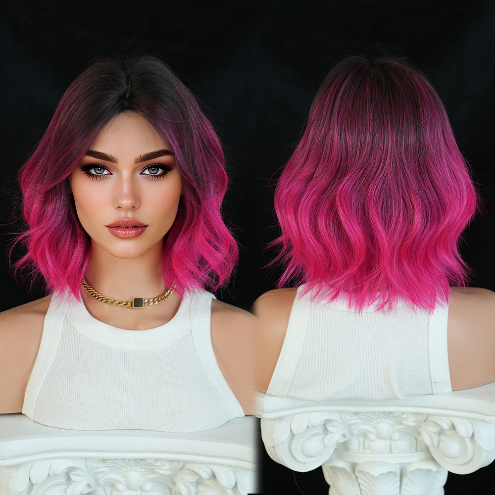 High Quality Gradient Short Curly Hair Medium Wave Mechanism Rose Wig Long Curls