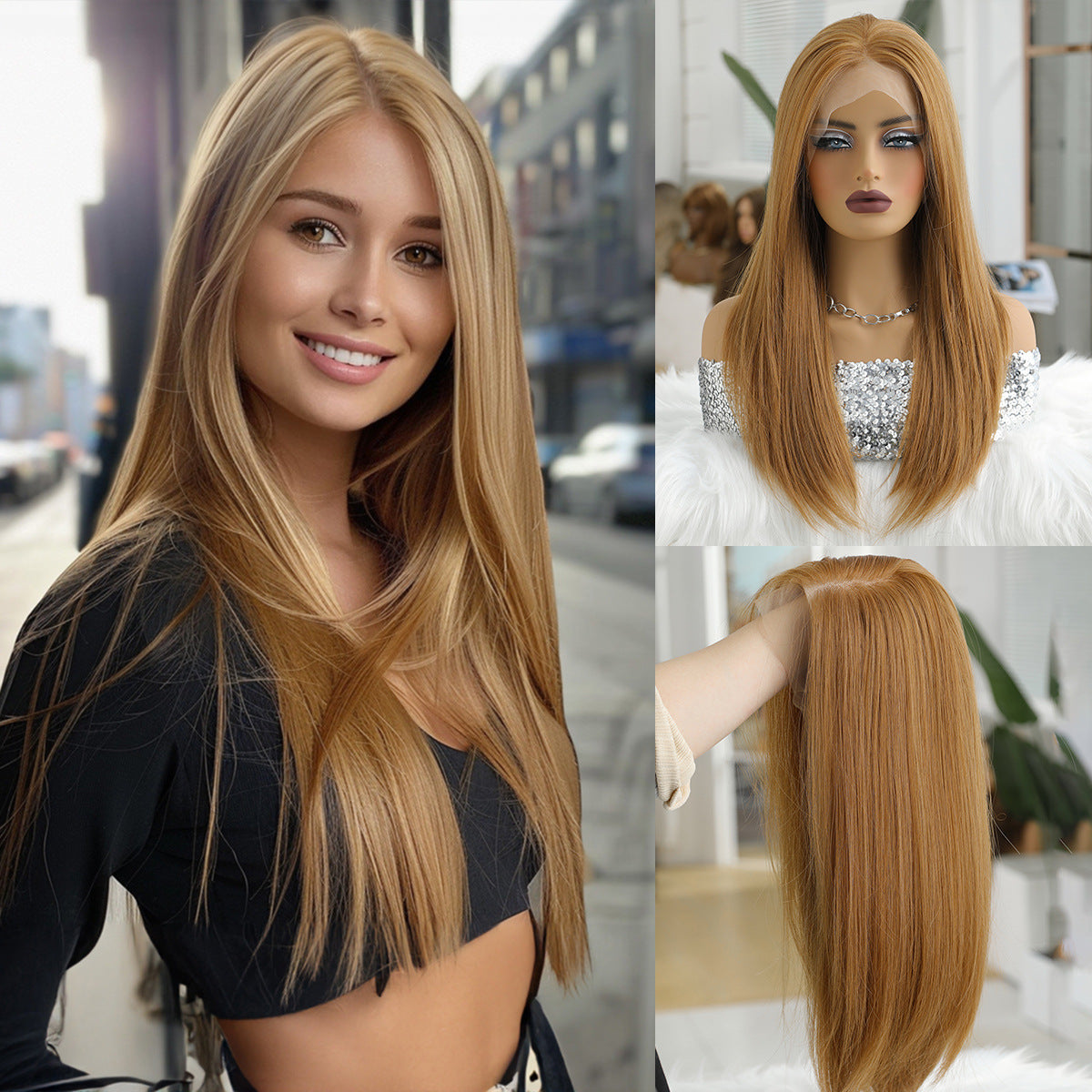 Lace Hand-woven Mid-length Hair Casual Sewing Long Straight Wig