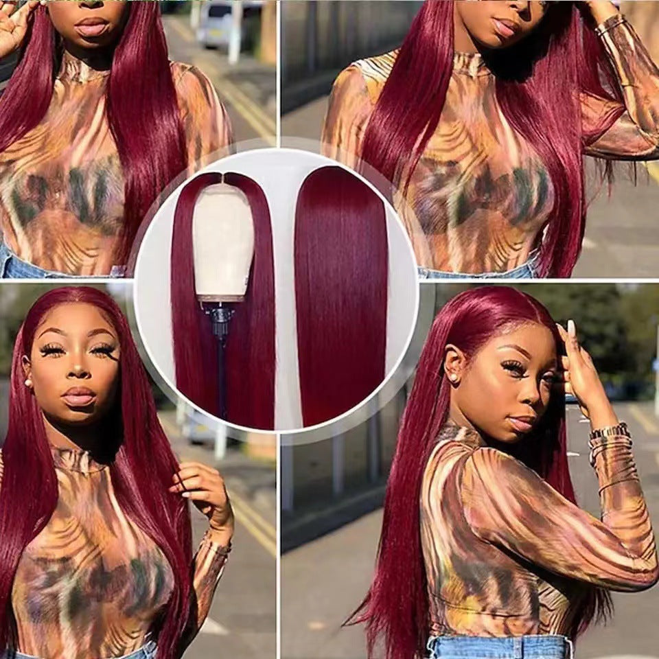 Women's Wine Red Front Lace Chemical Fiber Fashion Long Straight Wig