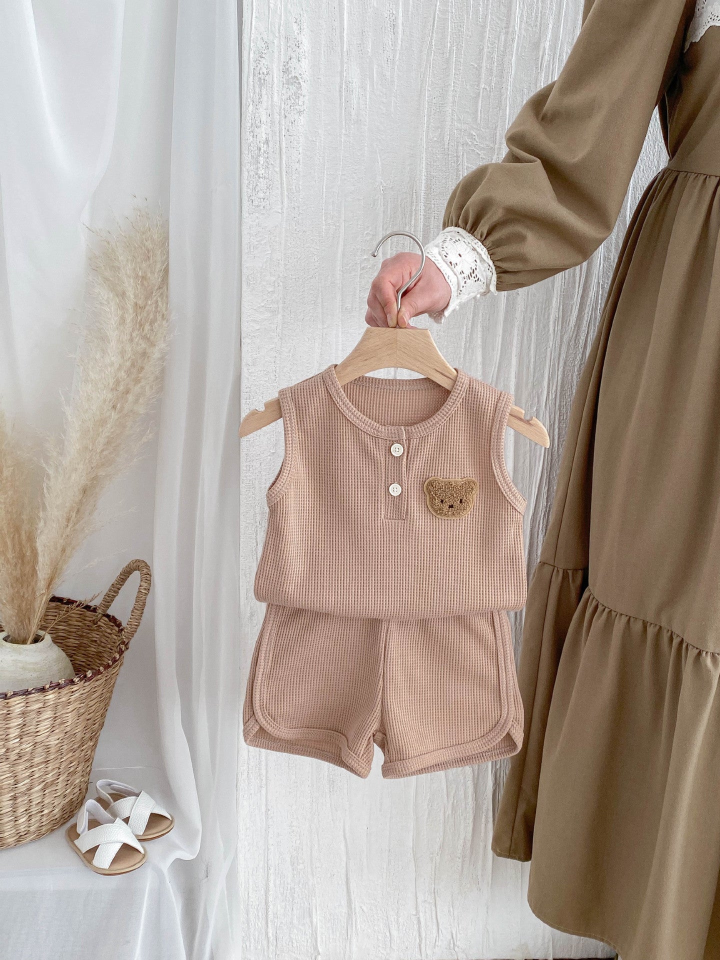Summer Boys Waffle Bear Sleeveless Top Two-piece Children's Suit