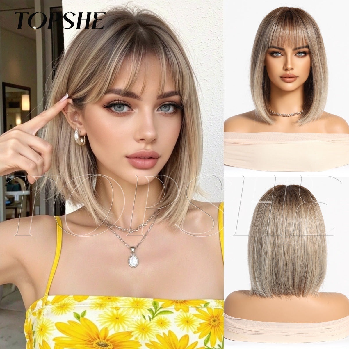 Female Clavicle Gradient Gold Simulation Scalp Wig Short Straight Hair