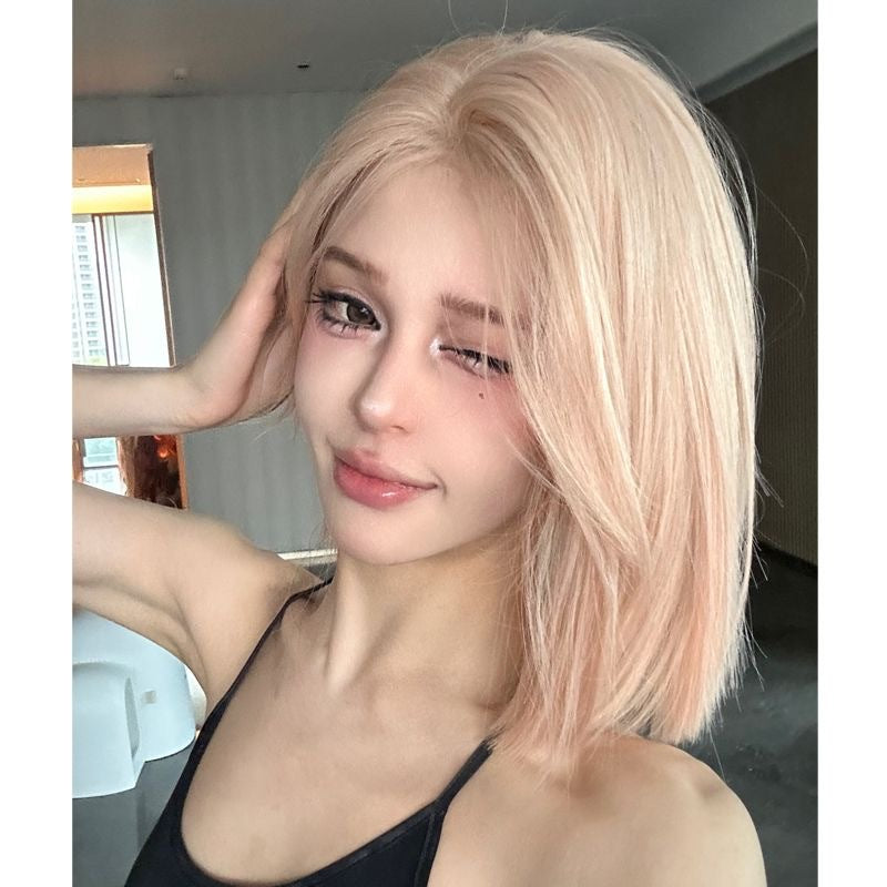 Pink Golden Shoulder Collarbone Summer Bangs Daily Wig Short Straight Hair