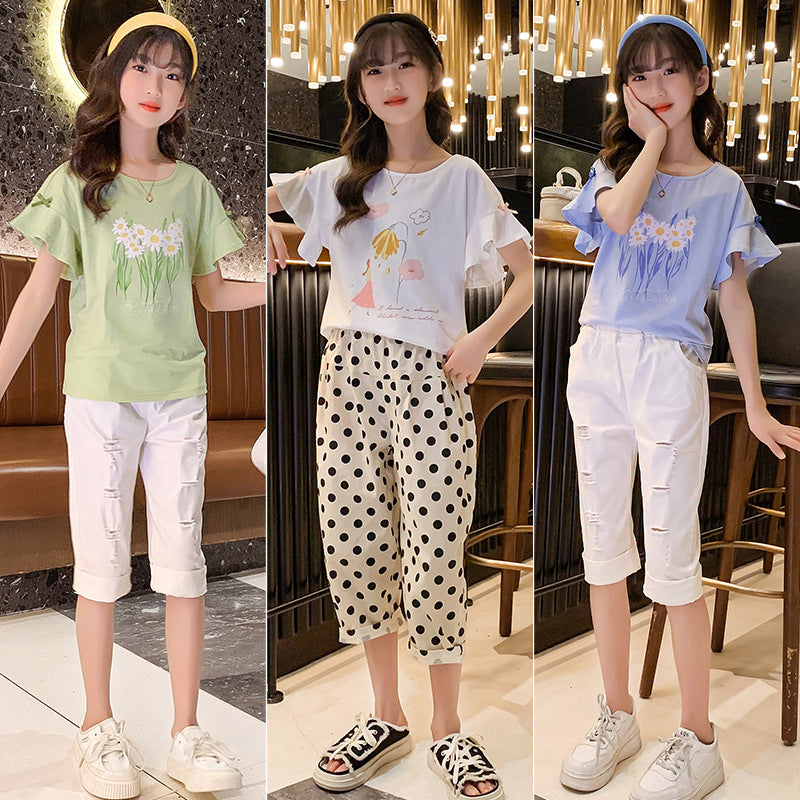 Ruffle Sleeve Flounced Printed Korean Style Stretch Cotton Children's T-shirt