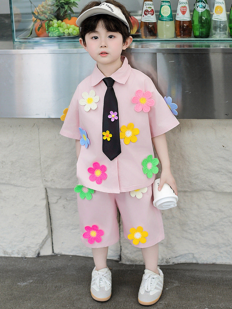 Children's Short-sleeved Tie Shirt Three-piece Kindergarten Performance Clothes Graduation Children's Suit