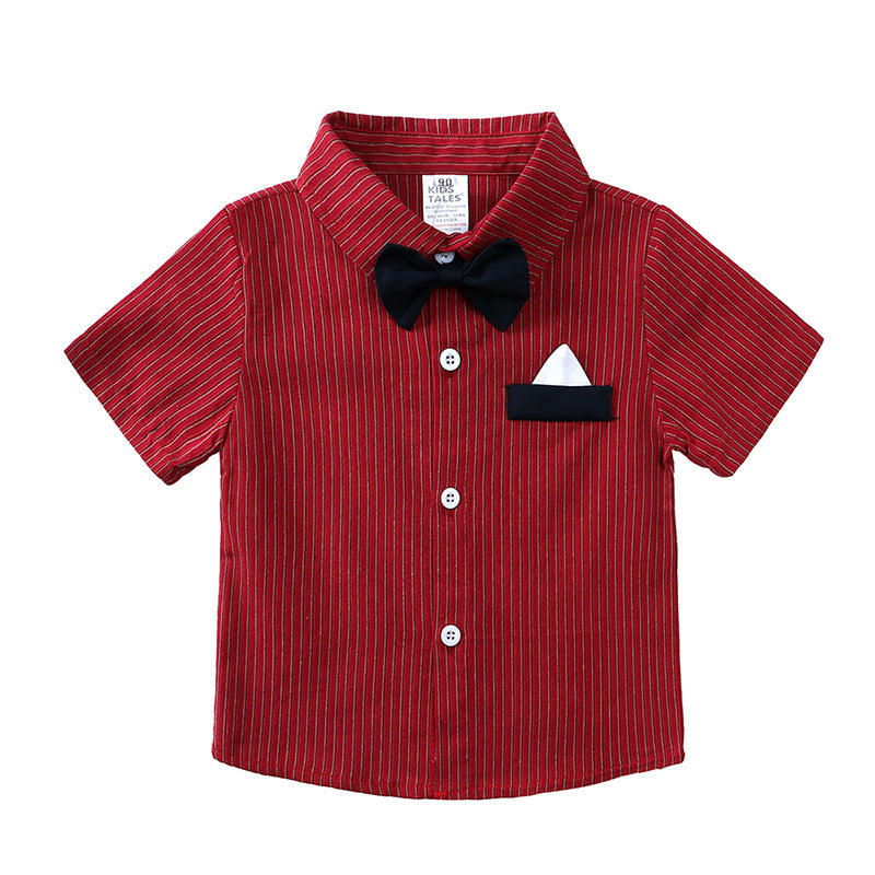 Gentleman Shirt Boy's Striped Short Sleeve Bow Tie Suspender Pants Children's Suit