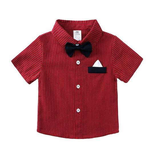 Gentleman Shirt Boy's Striped Short Sleeve Bow Tie Suspender Pants Children's Suit