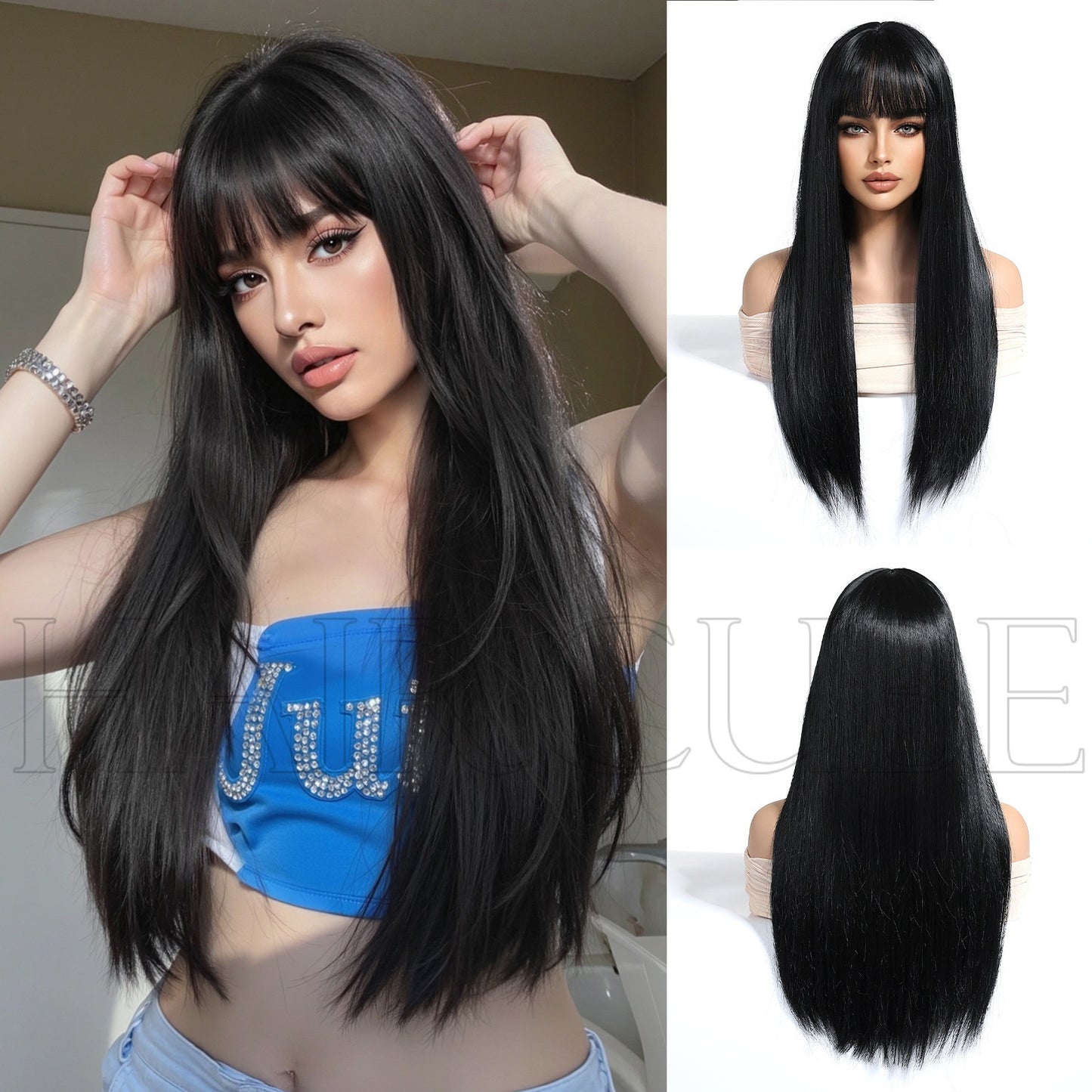 Head Cover Brown Straight Bangs Long Chemical Wig Short Curly Hair