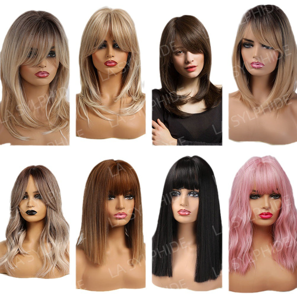 Gradient Golden Medium Hair Inner Buckle Bangs Long Straight Wig
