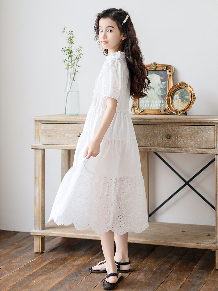 High-grade Wooden Ear Collar Smocking Skirt Big Children's Dress