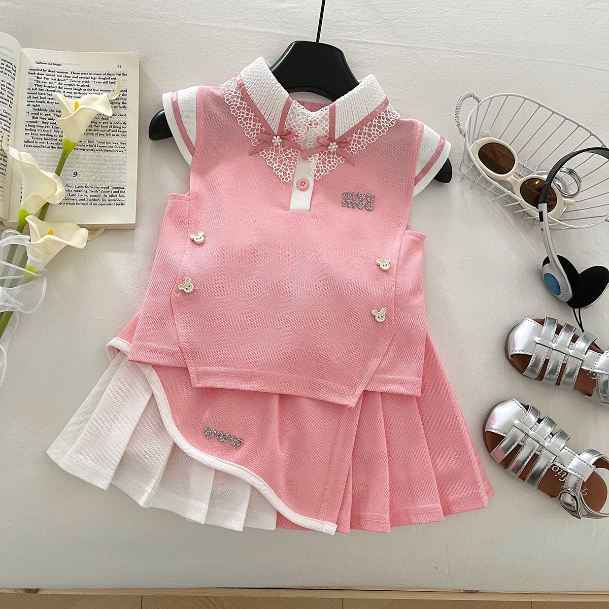 Summer Lapel Flower Bow Tie Vest Top Lace Skirt Children's Suit