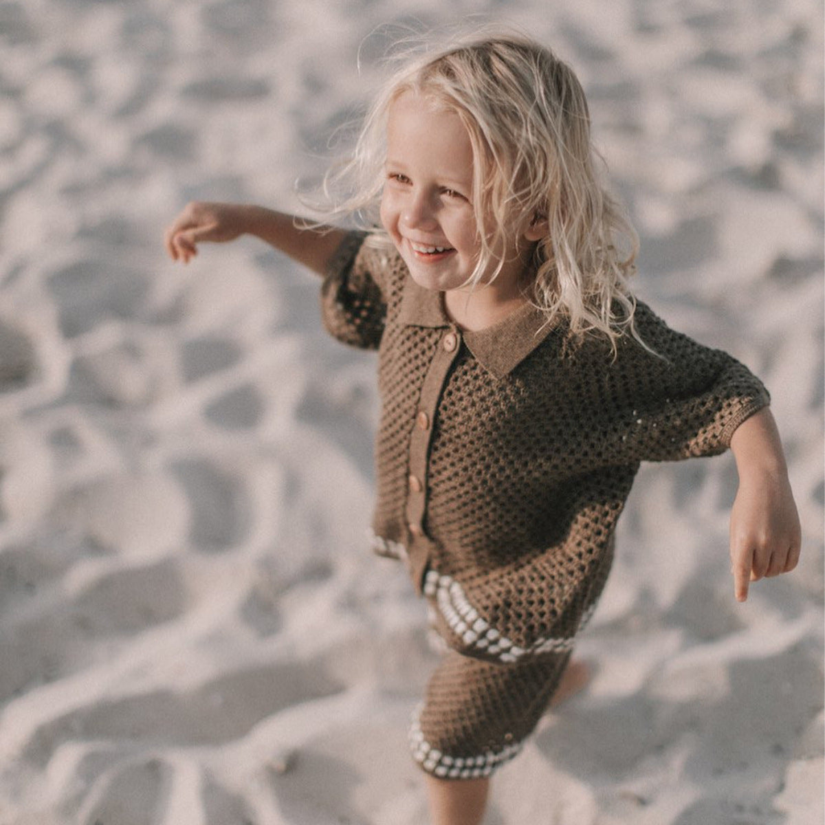 Summer Hollow Lapel Knitted Crocheted Sweater Cardigan Shorts Children's Suit