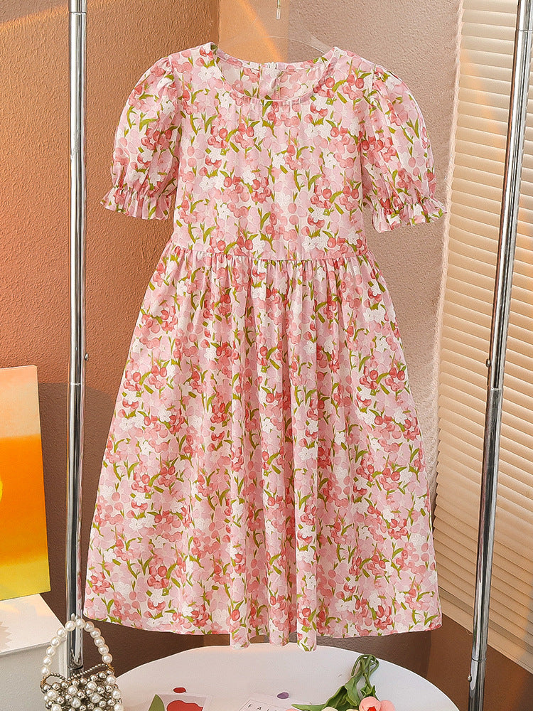 Cotton Skirt Floral Bubble Sleeve French Forest Oil Painting Style Children's Dress
