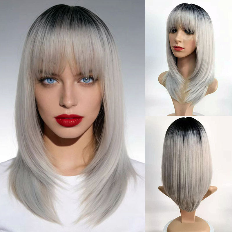 Women's Gradient Gray Mid-length Bangs Fiber High-level Collarbone Length Wig Short Straight Hair