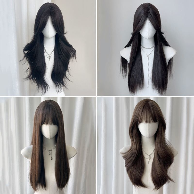 Women's Full Top Style Collection Medium Big Wave Black Straight Wig Long Curls