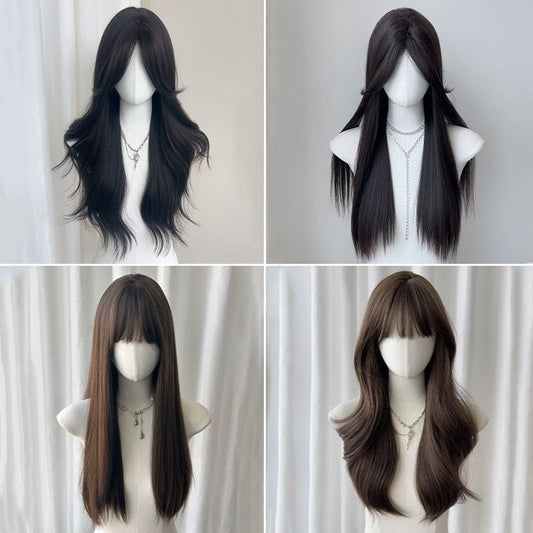 Women's Full Top Style Collection Medium Big Wave Black Straight Wig Long Curls