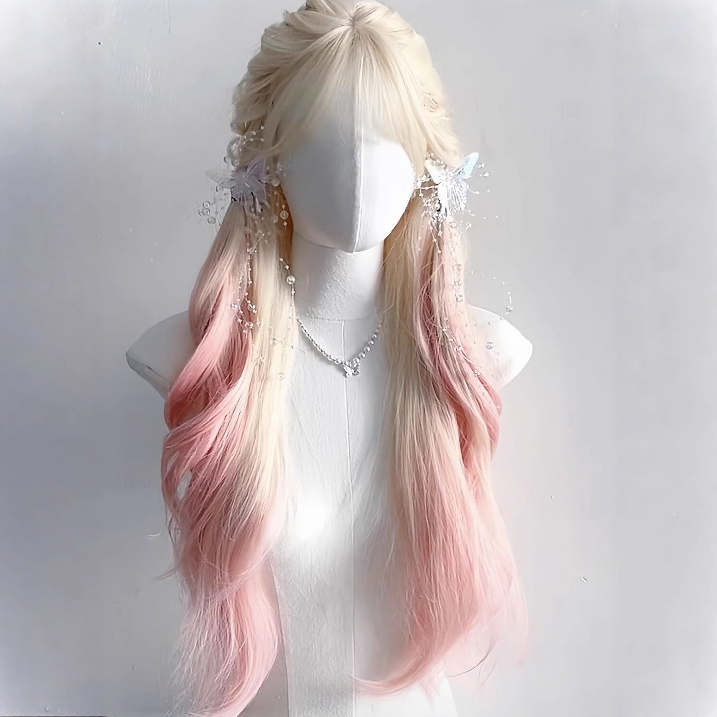 Female Platinum Color Gradient Pink Curly Hair Head Cover Straight Wig Long Curls