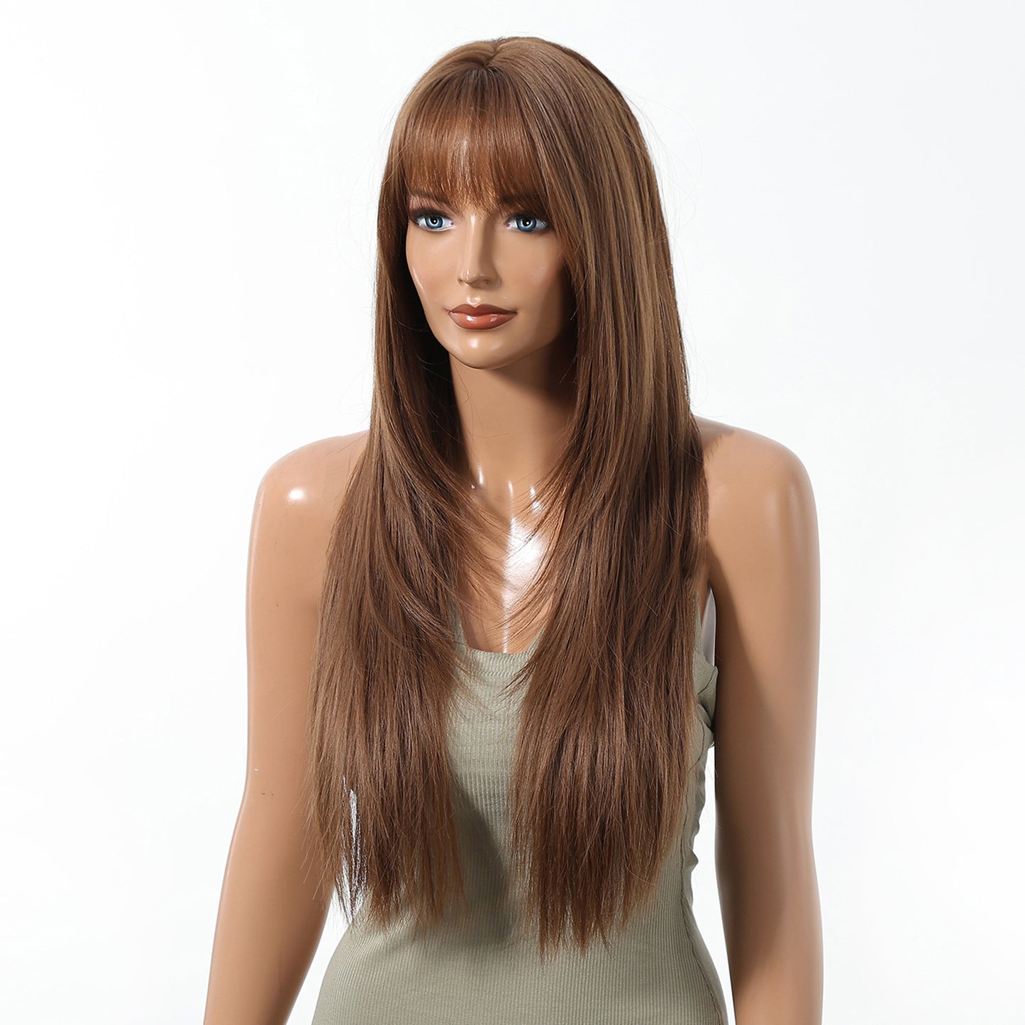Female Warm Brown High Level Air Bangs Hair Long Straight Wig
