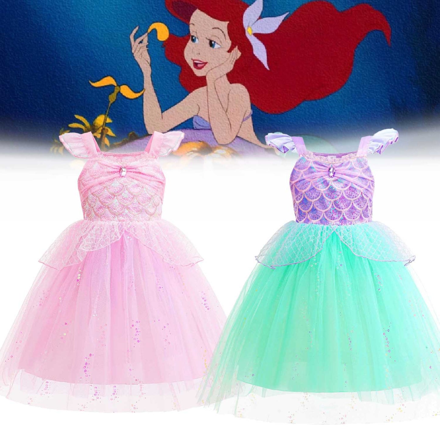 Mermaid Princess Flounced Sleeve Flashing Western Style Tulle Children's Dress