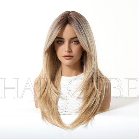 Cover Golden Bangs Gradient Hair Matte Long Straight Wig