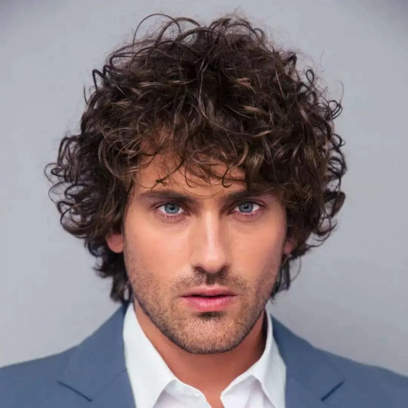 Men's Fluffy Dark Brown Bangs Short Hair Curly Piece Men's Wig