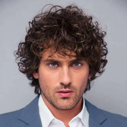 Men's Fluffy Dark Brown Bangs Short Hair Curly Piece Men's Wig