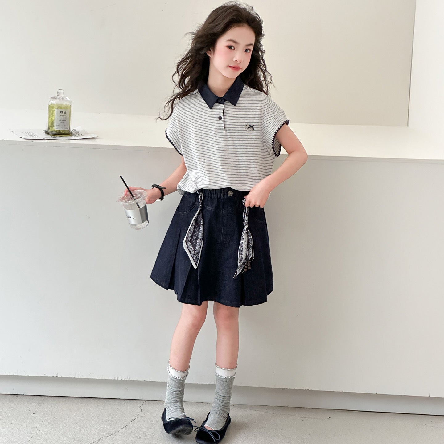 Children's Super Beautiful Medium Big Collar Short Sleeve Pleated Skirt Children's Suit