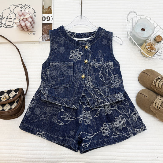 Printed Jeans Summer Stylish Korean Sleeveless Vest Shorts Two-piece Children's Suit